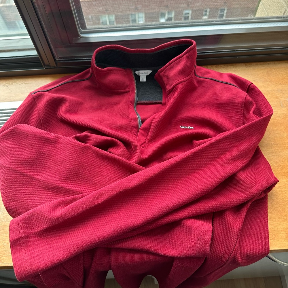Calvin Klein red men’s quarter zip sweatshirt with collar red with gray accent